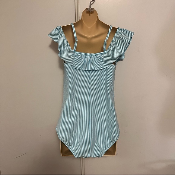 Women's Lands' End Tummy Control Seersucker Ruffle Off-the-Shoulder Size 12 - Picture 3 of 16